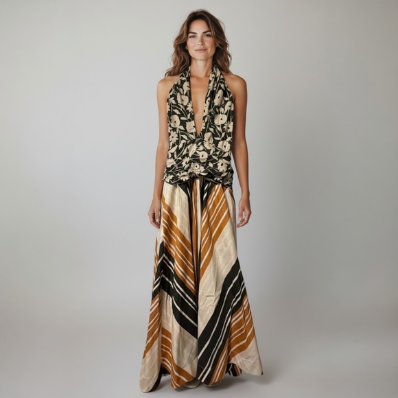 Liviana Conti Halter Maxi Dress - Size L / 42 Italy Boho Floral Stripe Elegance - Picture 1 of 4